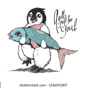 Cute penguin with a big fish. Drawn Animal character. Funny illustration. 