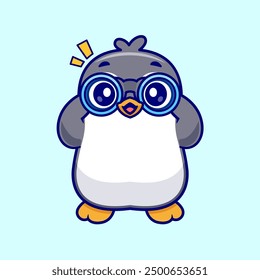 Cute Penguin With Binoculars Cartoon Vector Icon Illustration. Animal Technology Icon Concept Isolated Premium Vector. Flat Cartoon Style