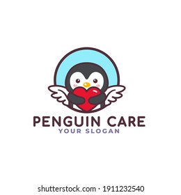 Cute Penguin Bird Hugging Heart Care Logo Mascot Baby Shop