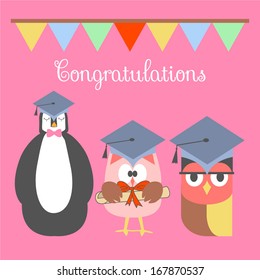 Cute Penguin and Bird and Owl in Graduation Day