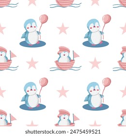Cute Penguin Bird Watercolor Seamless Pattern