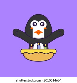 Cute penguin with birthday cake. Animal cartoon concept isolated. Can used for t-shirt, greeting card, invitation card or mascot.