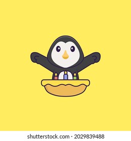 Cute penguin with birthday cake. Animal cartoon concept isolated. Can used for t-shirt, greeting card, invitation card or mascot.