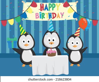 Cute Penguin In Birthday Party With Friends