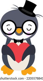Cute penguin with black hat holding a red heart