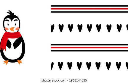 Pingüino lindo con corazones negros. Patrón e ilustración sin fisuras para los niños vectores. 