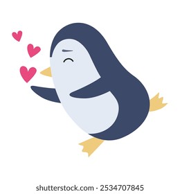 Cute penguin blowing kiss for children's print, baby room decoration or book. Vector character in flat hand drawn style
