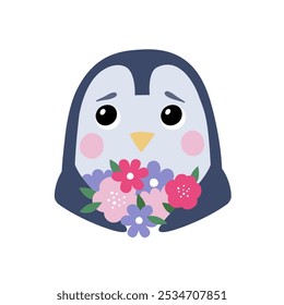 Cute penguin blowing kiss for children's print, baby room decoration or book. Vector character in flat hand drawn style