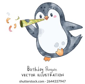 Cute penguin blows birthday trumpet and joy party. Watercolor vector perfect for birthday project and greeting cards design
