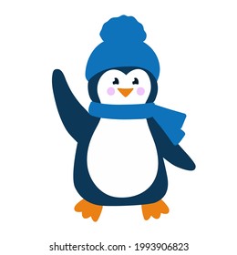 Cute penguin in blue hat and scarf smiles and waves his hand. Colorful vector illustration in flat style. Penguin baby isolated on white background