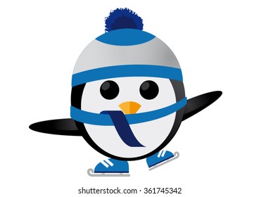 Cute Penguin With Blue Scarf, Hat And Ice Skates