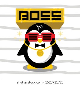 Cute Penguin Boss with glasses design on grey stripe background, good for icon, mascot, card, banner, poster, print and other uses.