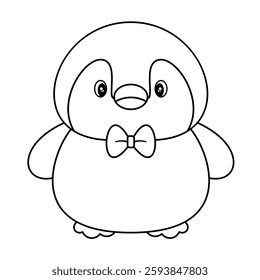 Cute Penguin with Bow Tie Outline Vector Illustration. Penguin with a rounded body, chubby cheeks, and short, stubby wings, expressive eyes with highlights, giving it a charming expression.