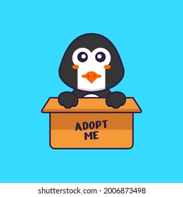 Pingüino lindo en la caja con un afiche Adopta a mí. El concepto de caricatura animal aislado. Puede usarse para camisetas, tarjetas de felicitación, tarjetas de invitación o mascota.
