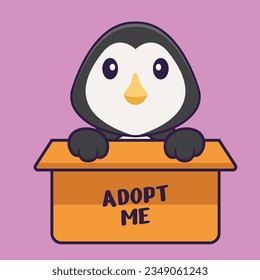 Cute penguin in box with a poster Adopt me. Animal cartoon concept isolated. Can used for t-shirt, greeting card, invitation card or mascot