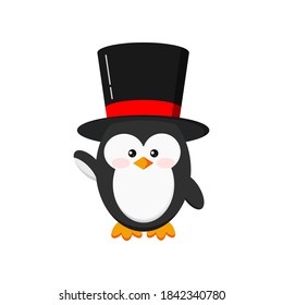 Cute penguin boy in black hat isolated on white background. Elegant clothes baby penguin in a black top hat stand in hi position. Flat funny holiday character vector illustration. 