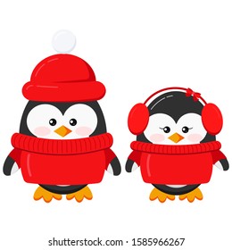 Cute penguin boy and girl couple set in warm winter clothes - red sweater, hat, head accessory earmuffs isolated on white background. Flat design vector funny bird character illustration. 