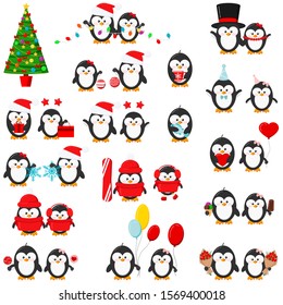 Cute penguin boy and girl set isolated on white background - red christmas hat, with garland, gift, balloons, heart, ice cream, snowboard, skates, fish, christmas ball. Flat design vector illustration