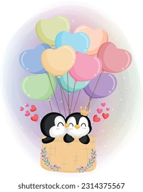 
Cute Penguin boy kissing penguin girl flying with air balloon. colorful background