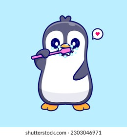 Cute Penguin Brushing Teeth Cartoon Vector Icon Illustration. Animal Healthy Icon Concept Isolated Premium Vector. Flat Cartoon Style