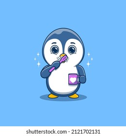 Cute Penguin Brushing Teeth While Holding Mug