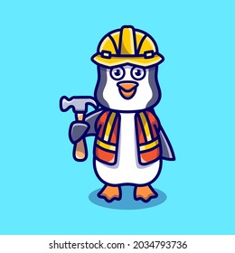 cute penguin builder carrying hammer, perfect for cute animal icons or mascots about hard work building work while carrying a hammer