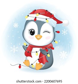 Cute Penguin And Bulb Christmas. Christmas Season Illustration