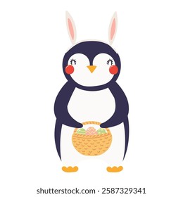 Cute penguin with bunny ears, holding Easter eggs in basket character illustration. Hand drawn flat style design, isolated vector. Holiday clip art, kids print element, seasonal card, banner, poster