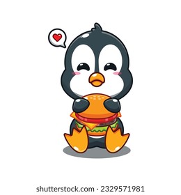 cute penguin with burger cartoon vector illustration.