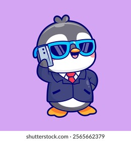 Cute Penguin Businessman Holding Phone Cartoon Vector 
Icon Illustration. Animal Business Icon Concept Isolated 
Premium Vector. Flat Cartoon Style 