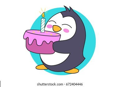 Cute Penguin with a cake. Vector Illustration. Isolated on white background.