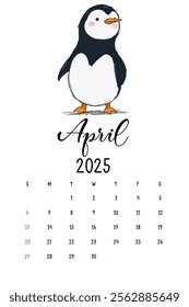 Cute Penguin Calendar for April 2025, A delightful illustration of a cartoon penguin standing proudly, featured in a calendar layout for April 2025