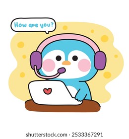 Bonito pinguim call center work.How você é word.Customer service.Laptops.Bird animal personagem desenho animado.Image para cartão,cartaz,adesivo.Kawaii.Vetor.Illustration.