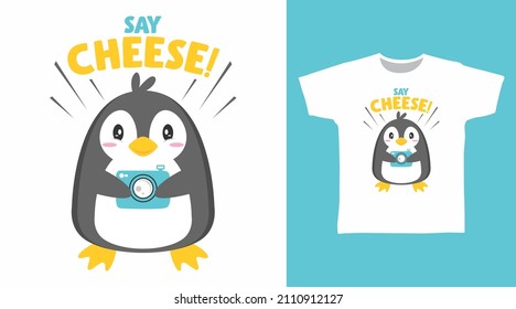 Cute penguin with camera tee designs concept