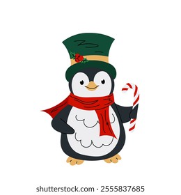 Cute penguin with candy cane. Polar or Arctic Bird. Christmas character in flat style on white background.