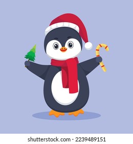 Cute Penguin with Candy and Pine Tree Cartoon Illustration