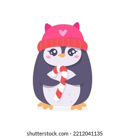 Cute penguin with candy vector illustration. Cartoon isolated baby penguin with red hat holding spiral lollipop, funny animal character eating festive sugar snack of Christmas and winter holidays