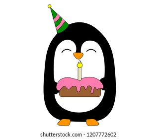 Cute penguin in a cap with a birthday cake