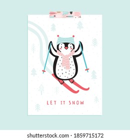 Cute penguin card skiing and having fun. Funny character. Vector illustration.