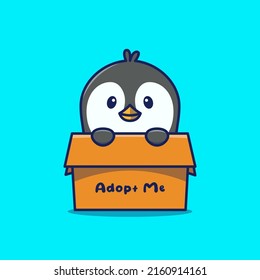 Cute Penguin In Cardboard Box Cartoon Icon Illustration