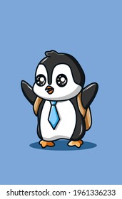 A cute penguin carrying backpak and wearing tie