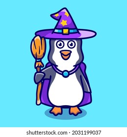 cute penguin carrying flying broom