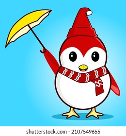 Cute penguin carrying umbrella in winter. isolated summer animal

