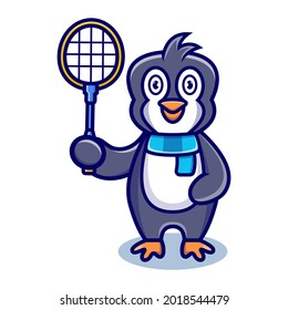 cute penguin cartoon animal holding a badminton racket