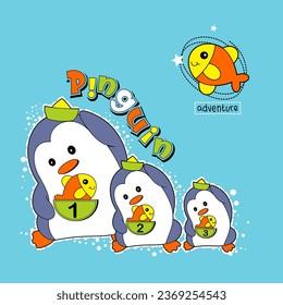 Cute penguin cartoon catching fish, t-shirt design vector illustration