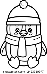 Cute penguin cartoon character in black and white