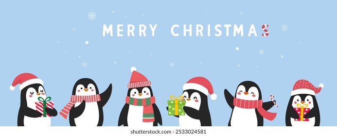 Cute Penguin Cartoon Character collection,Joyful babies penguins with winter Scarf,Santa Claus hat and Gift box,Isolated vector Illustration ,Merry Christmas festival, sale banner,Template and Card