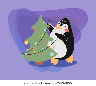 Lindo personaje de dibujos animados de pingüino decorando la Ilustración vectorial del árbol de Navidad. Ave cómica divertida que celebra las fiestas de invierno: Navidades, Año Nuevo. Concepto de actividades de invierno