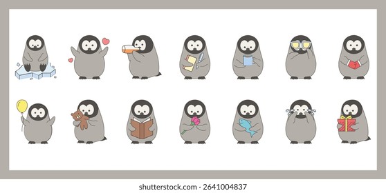 Cute Penguin Cartoon Character Emojis with Varied Emotions and Objects for Fun Design