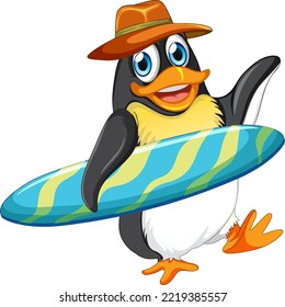 Cute penguin cartoon character holding surfboard illustration